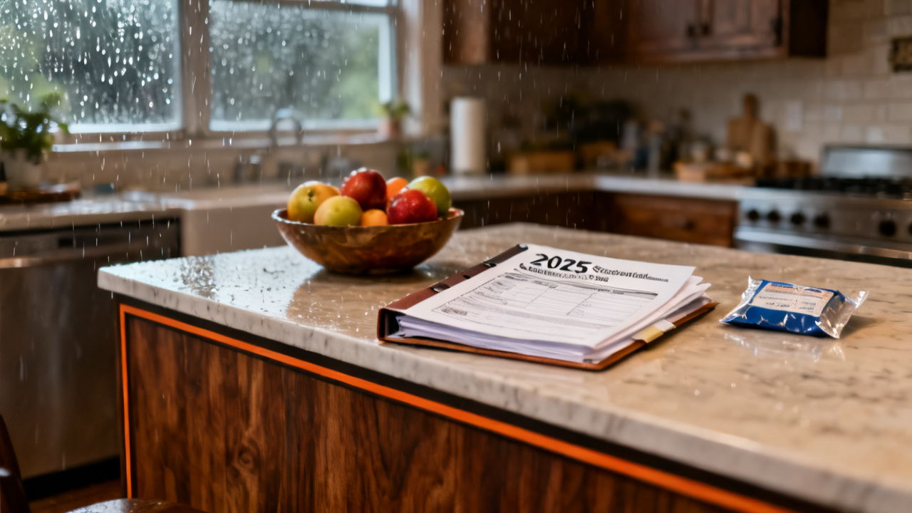 Household title-company laminate counter with 2025 structured settlement vendor folder