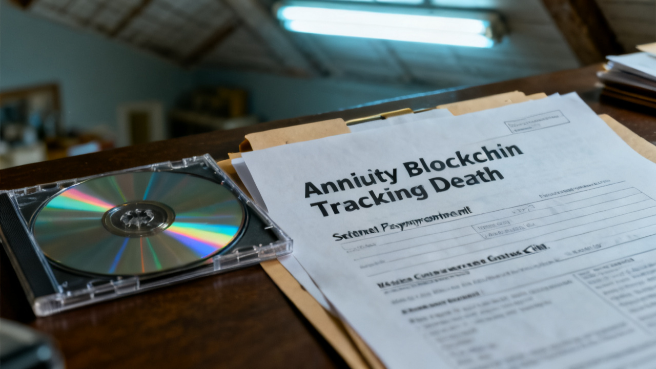 Crop of annuity blockchain tracking death folder on garage workbench