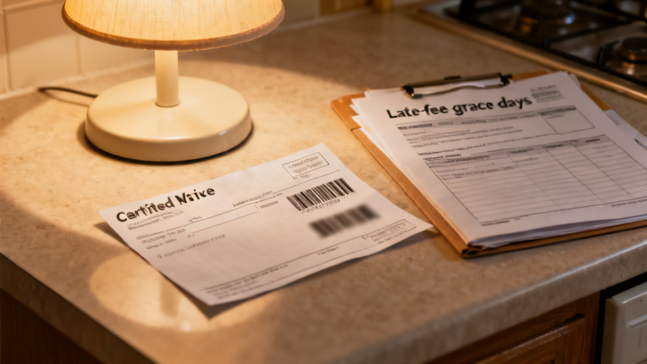 late-fee grace days printed folder close-up, unlabeled