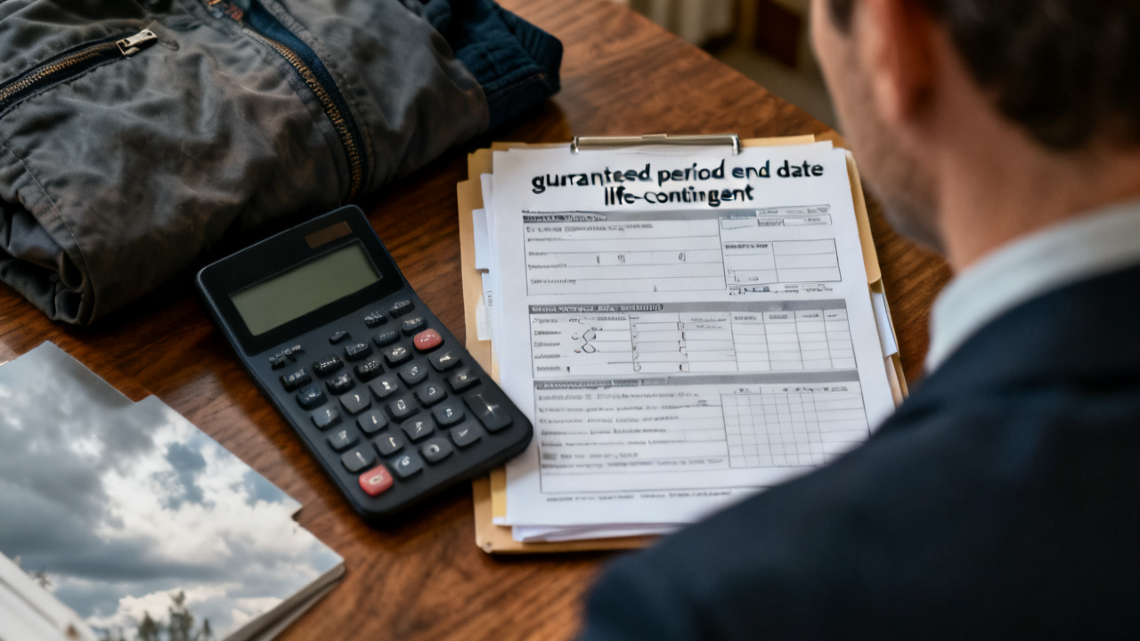 guaranteed-period end date life-contingent folder beside a payment schedule sleeve